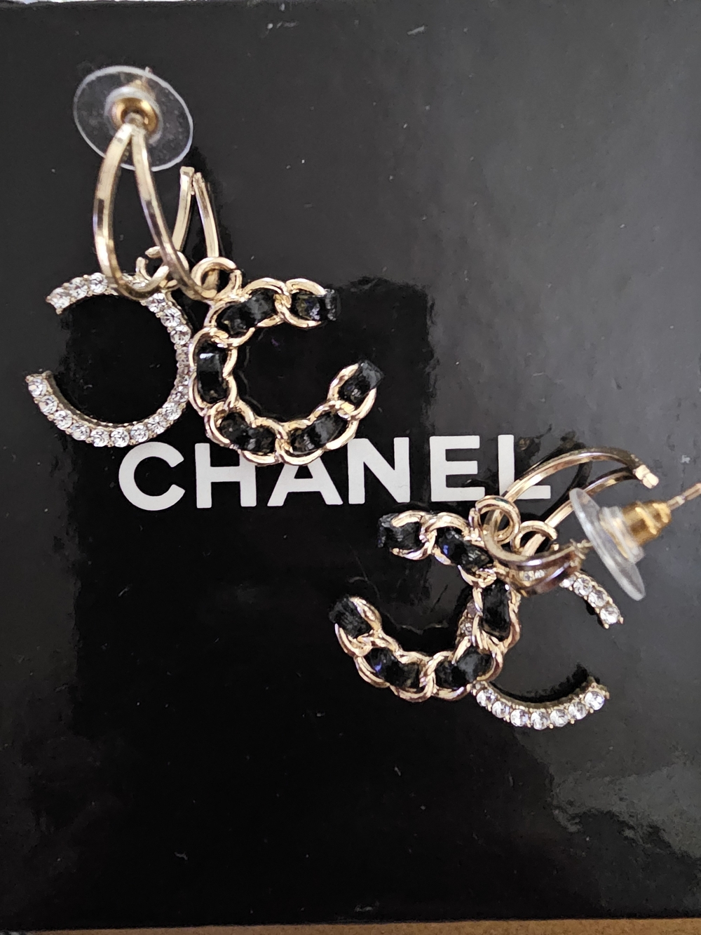 CHANEL Gold and Black Interwoven CC Drop Earrings with Crystal Trim